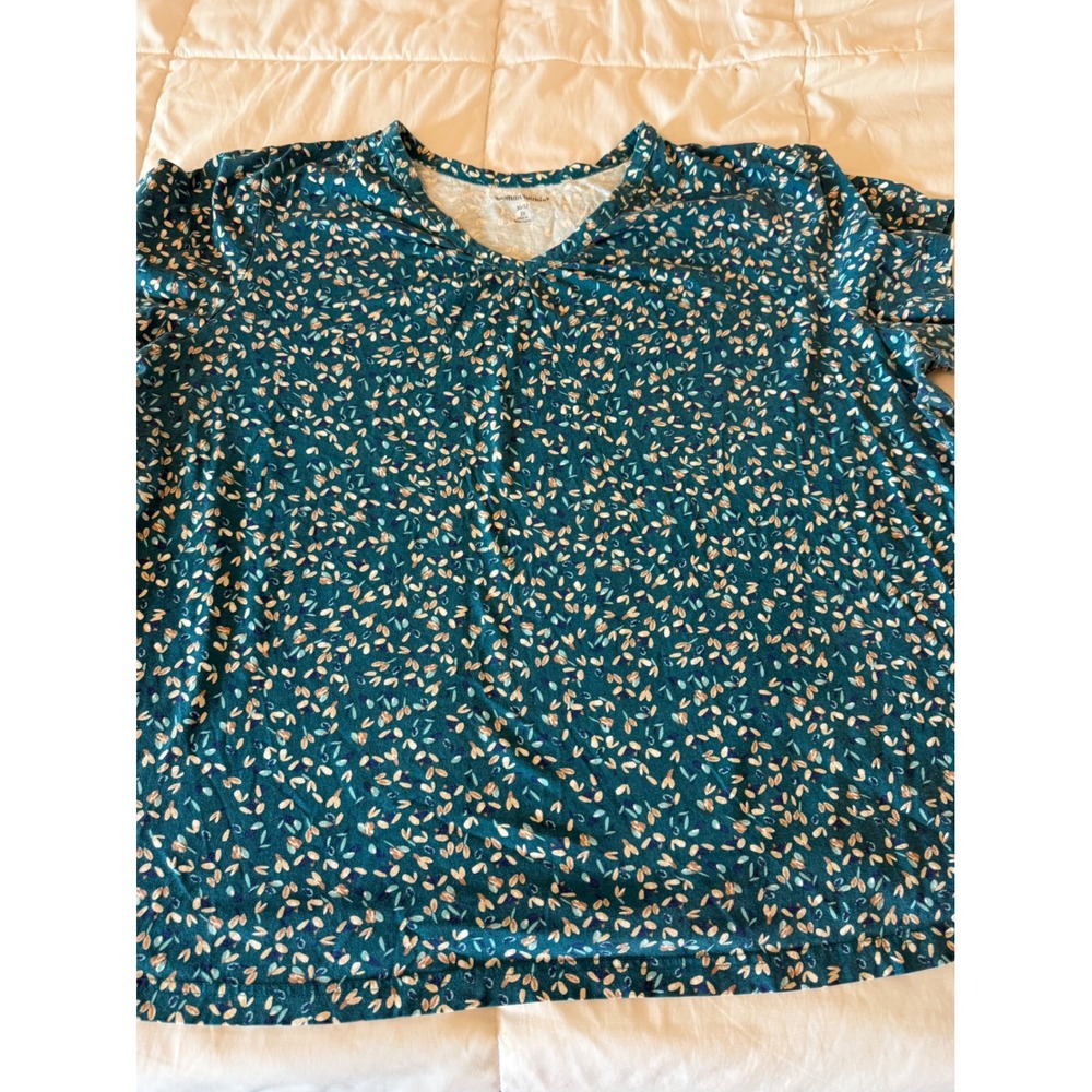 Woman Within Teal Floral Print V-Neck Short Sleeve Tee Plus Size 3X